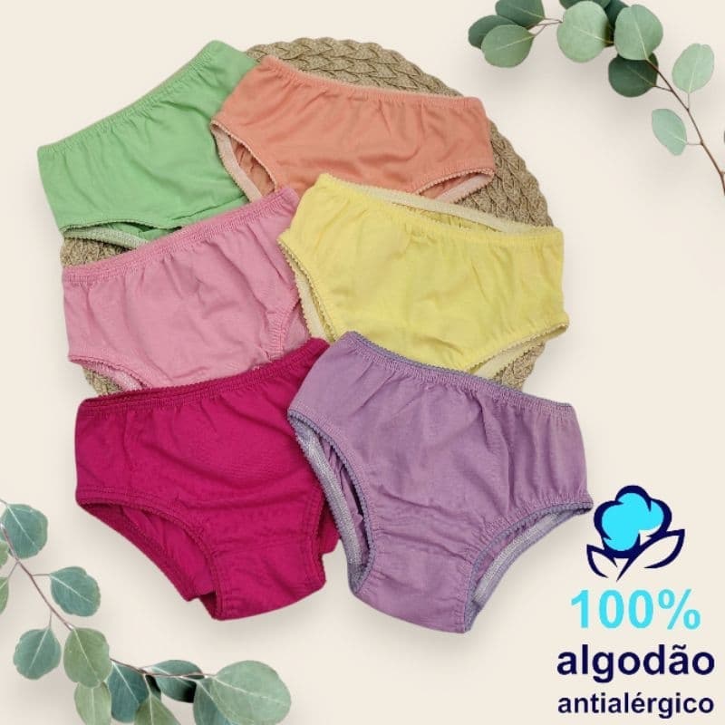 KIT 10 Calcinhas lisas infantil Algodão 100% Antialérgico Conforto Short tanga menina 1 a 10 Anos