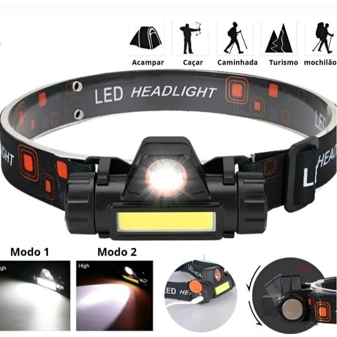 Lanterna de Cabeça Recarregável c/LED XPE + COB, Ímã Lateral e Alça Elástica/Potência e Praticidade