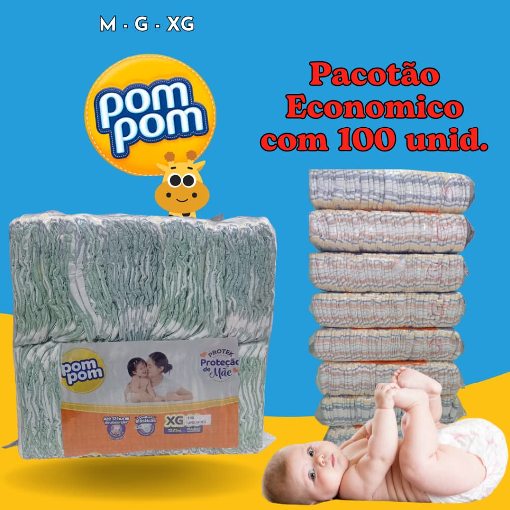 Pacotão com 100  Fraldas Pom Pom Protek Proteção de mãe M(4- 9kg) G(8-13kg) XG(12-15kg) XXG(14-18kg)