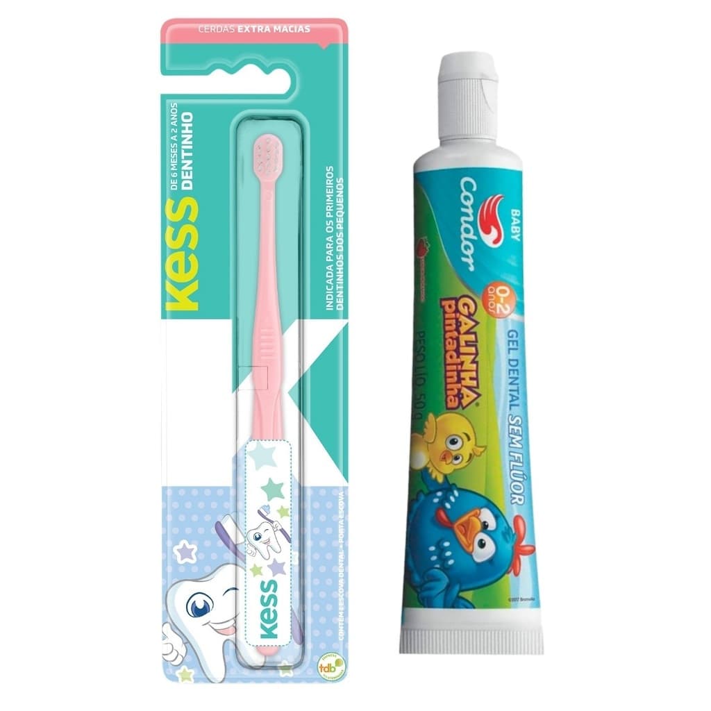Kit com Escova de Dente + Pasta Kess Sem Fluor Dentinho para Bebê Baby 6 meses Protetor Rosa Azul