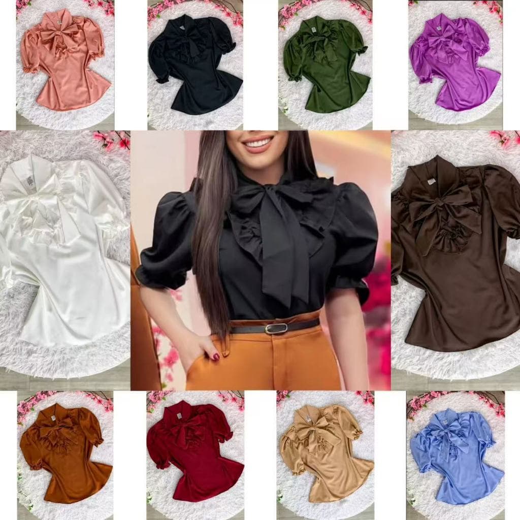 Blusa Bufante Com Laço e Babado Manga Curta Moda Feminina -0261