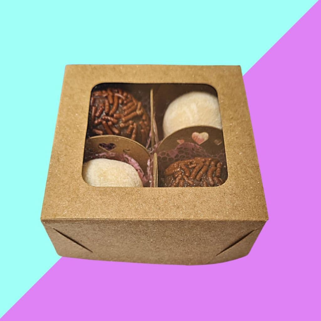 10+ Caixas KRAFT 4 doces com visor 7,5x7,5x3cm.