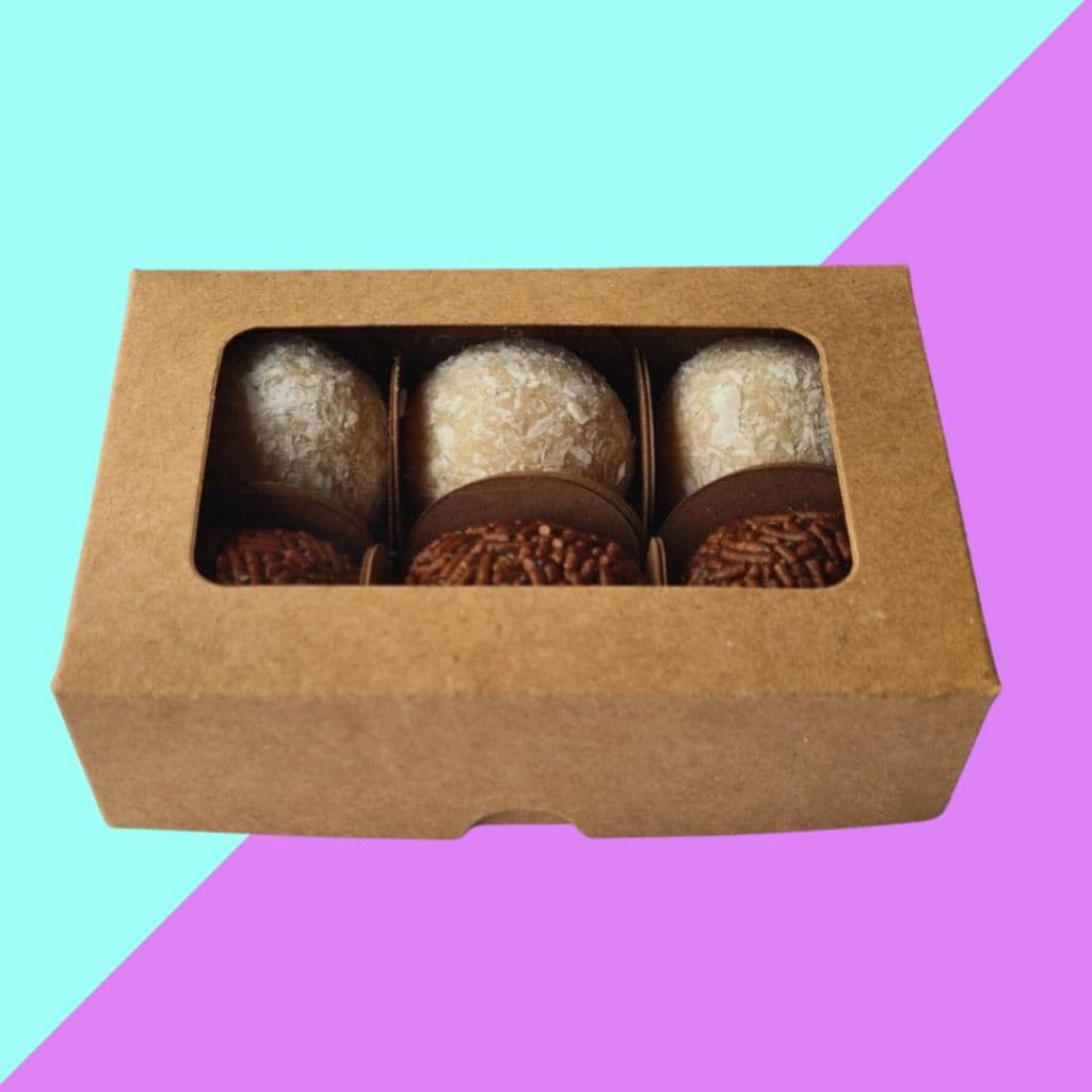 20+ Caixas 6 doces com visor 11x7,5x3 cm.