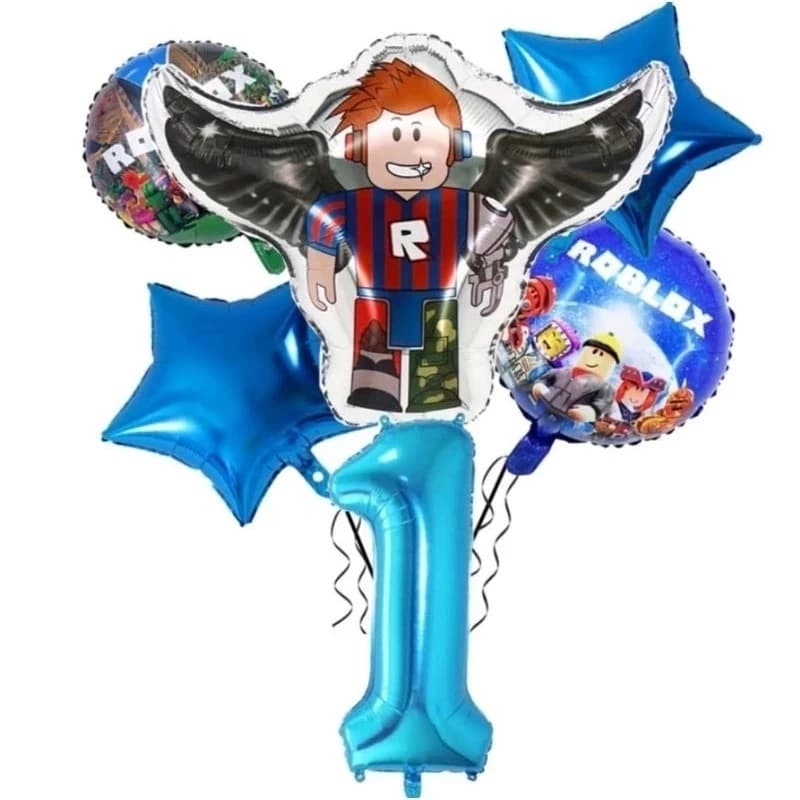 Kit c/6 Balões Metalizado Roblox Corpo 52cm + Redondo 45cm + Estrelas 45cm + Número 40cm