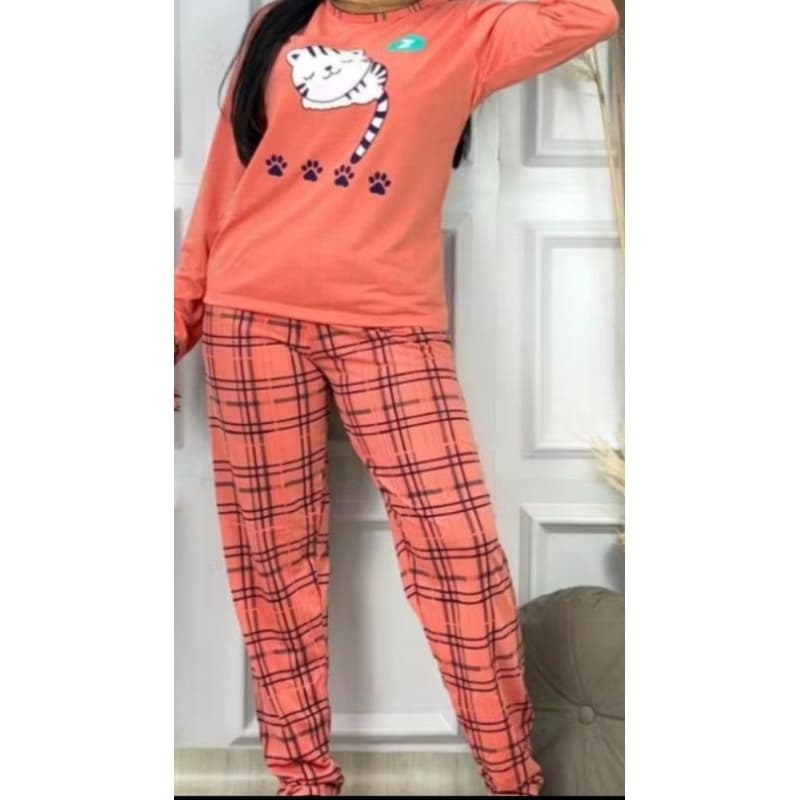 Pijama longo feminino HK estampa do gatinho salmão