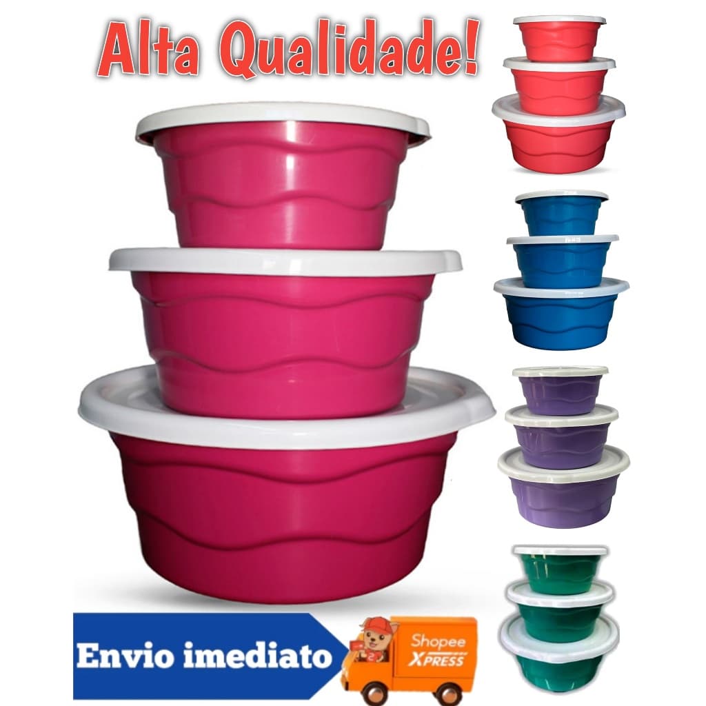 Kit 3 Bacias com Tampa Plástico Reforçado Multiuso Doméstico kit churrasco Grande Média Pequena