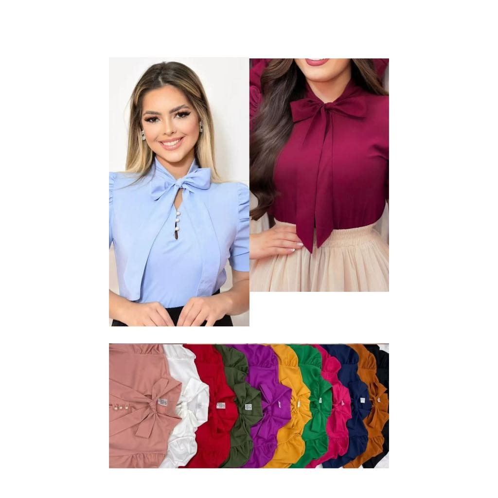 Blusa Feminina Social Manga Curta Bufante com laçinho Moda evangélica -078