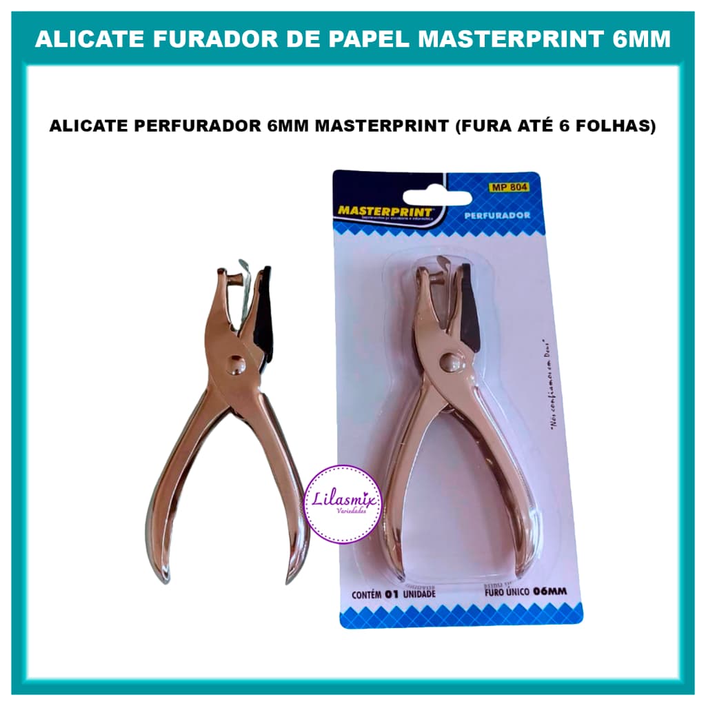 Perfurador Furador de Papel Alicate 1 Furo em Metal Aço Resistente MasterPrint 6mm Artesanato MP804