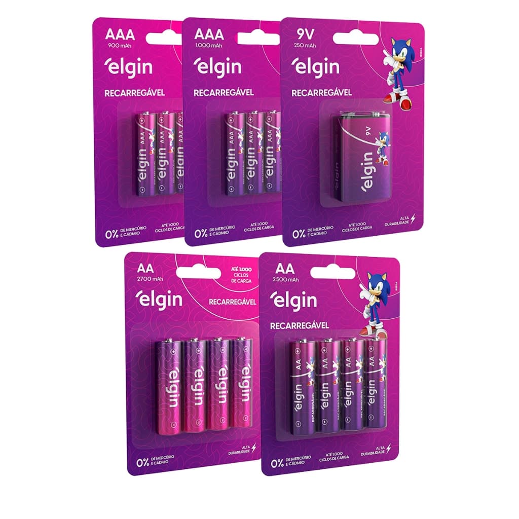 Pilhas Recarregável Elgin 9V AA ou AAA Blister com 4 ou 8 Unidades