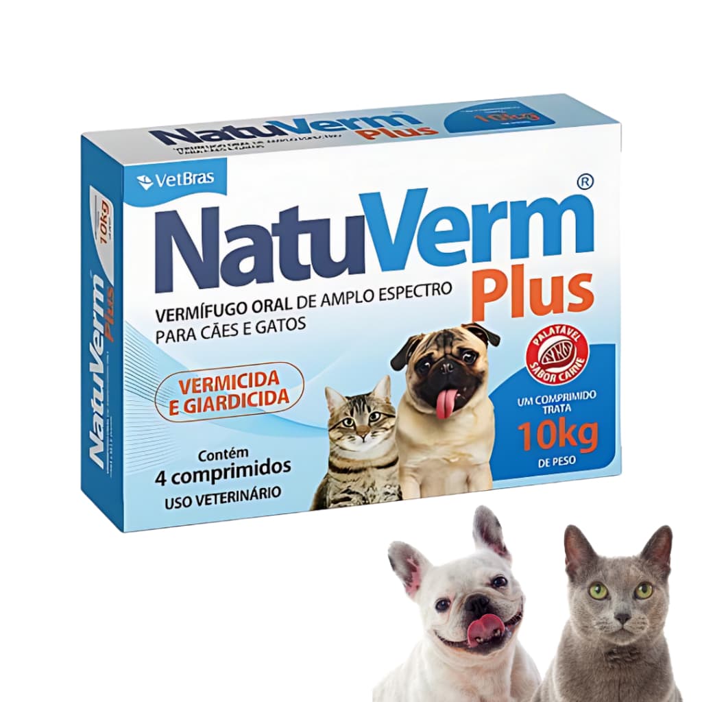 Vermifugo NatuVerm Plus 10kg Cães Gatos Mata Giardia Cx com 4 Comprimidos