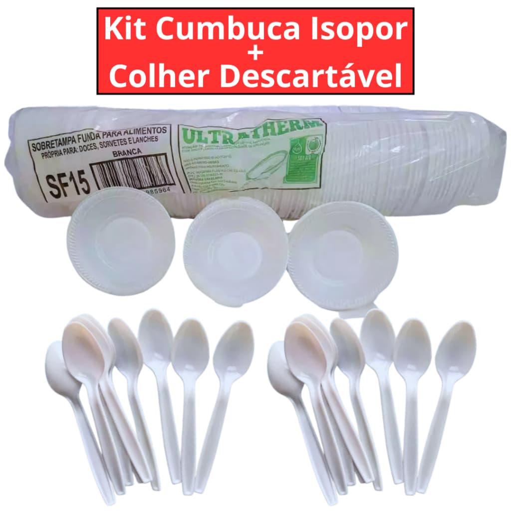 Pote Cumbuca de Isopor Fundo Térmico 300ml + Colheres Descaváveis