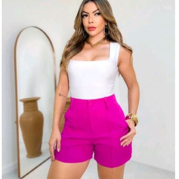 Short Alfaiataria Feminino Risca de Giz Cintura Alta Premium Elegante