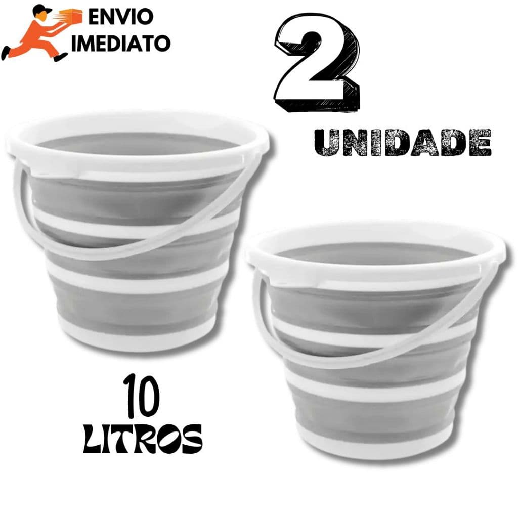 Kit 2 Balde Retrátil 10 Litros Premium Cinza Fácil de Guardar Alça e Gancho de Parede Dobrável