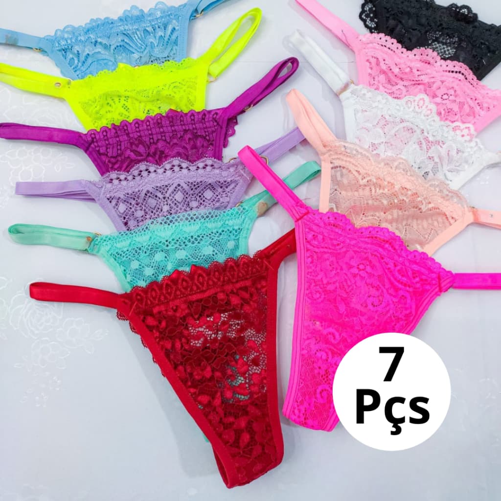 Kit C/7 Unidades de Calcinha Fio Dental Regulagem Lingerie Sexy