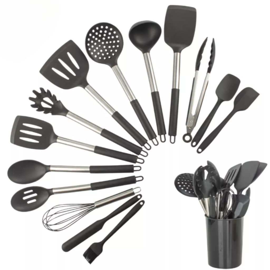 Kit Utensílios Cozinha Silicone Cabo Aço Inox - Alta Qualidade