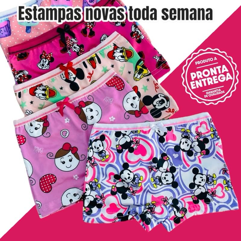 kit 10 Calcinha Boxer Infantil Feminina Estampada Box Menina Forro Algodão