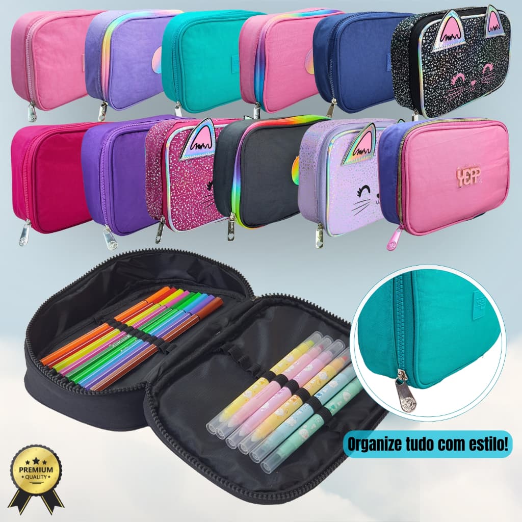 Estojo Organizador Escolar Box Grande Com Divisórias Elásticos Ou Zíper Em Degradê