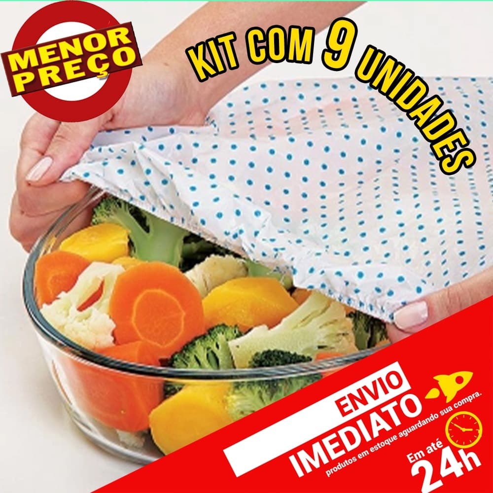 Kit 9 Tampa Cobre Fácil Grande Conserva Alimentos Reutilizável Travessa c/ Elástico Sortido