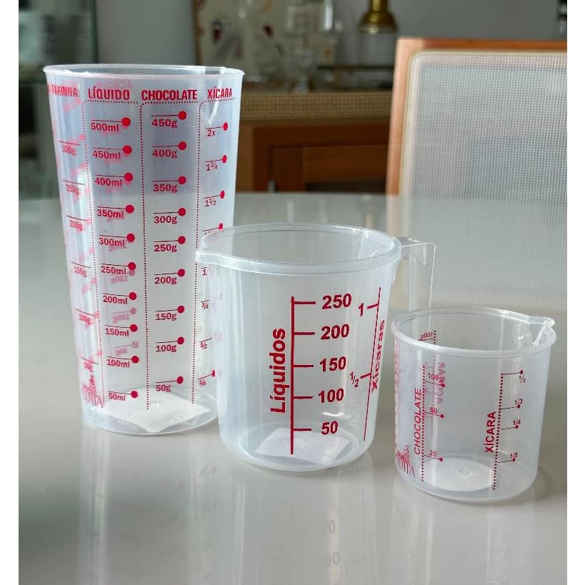 Kit 3 Copos Medidor Bico Dosador Medida 500ml / 250ml / 100ml Vermelho