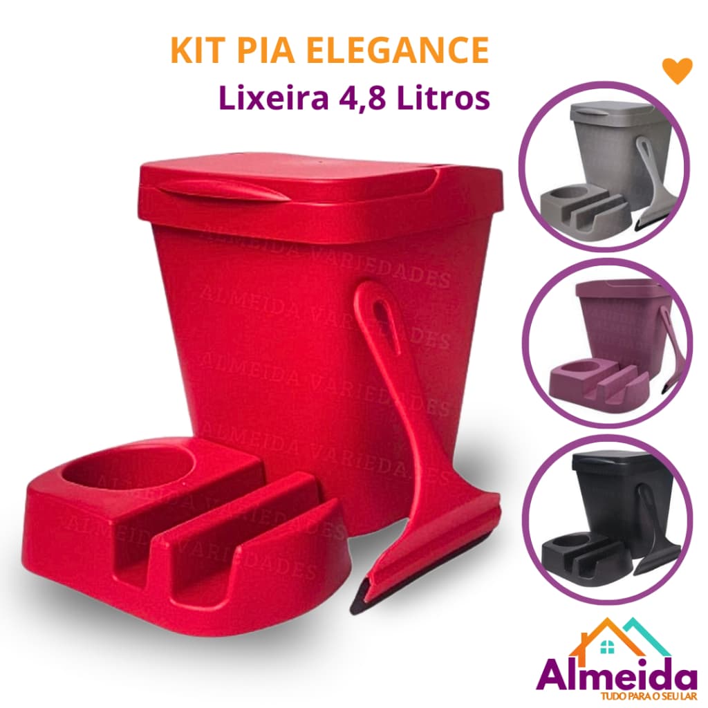 Kit Pia Multiuso Elegance Porta Detergente Rodinho de Pia Lixeira 4,8 Litros