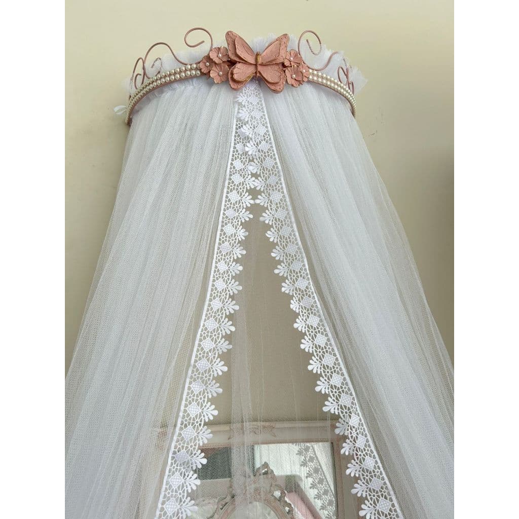 Dossel Rosé Perolas Flores e Borboleta Rose e Mosquiteiro Tule Renda Enxoval