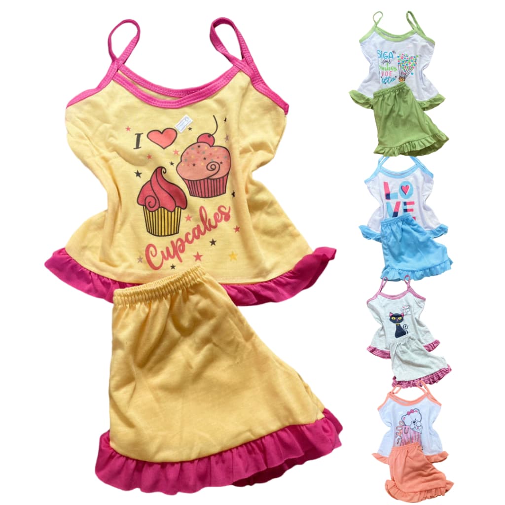 Kit 04 Pijama Infantil Feminino Baby Doll-Short doll De Criança Em Malha Menina