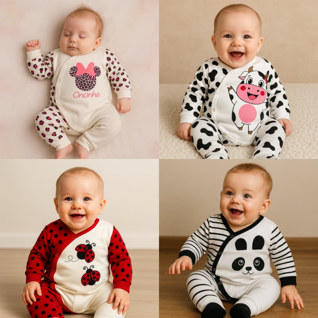 Macacão bebê manga longa em suedine, menino/ menina 100% algodão.