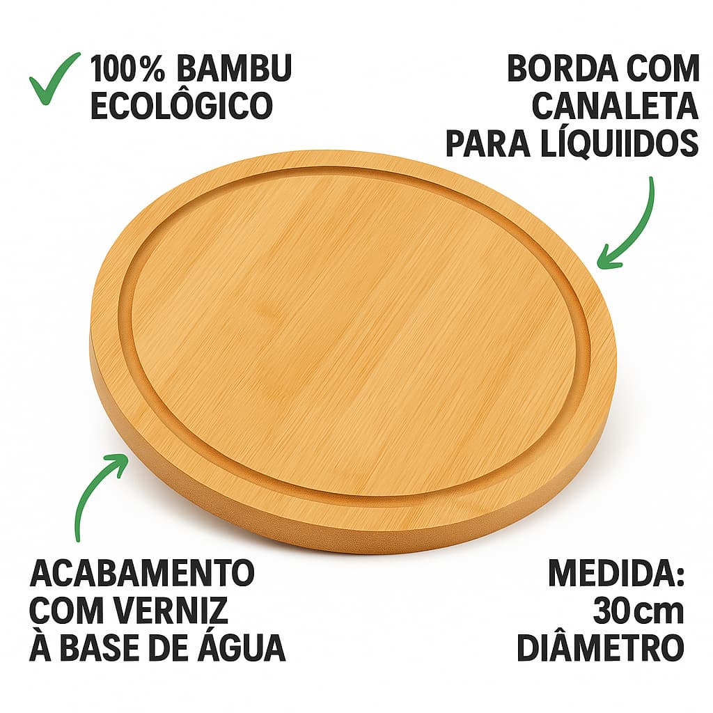 Tábua Redonda de Bambu Para Corte Multiuso Churrasco Carnes Legumes