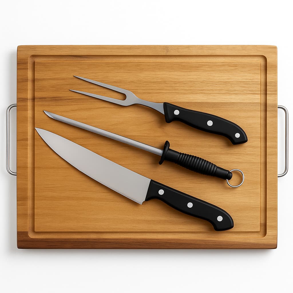 Kit Tábua de Carne Grande Churrasco 32x40cm Com Faca e Garfo