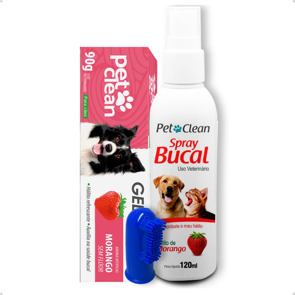 Kit Gel Dental 90g e Spray Bucal Morango 120ml + Escova Cachorro e Gato Pet Clean