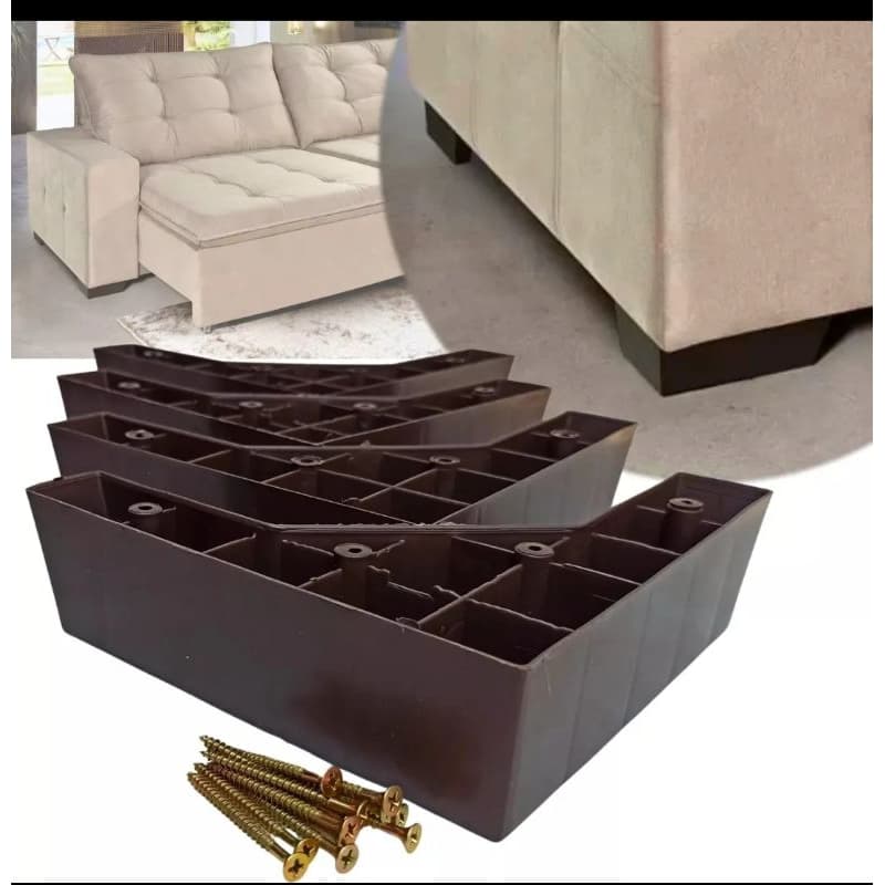 Kit 4 Pés para Sofá Cantoneira Reforçado + 4 Rodízios 50mm com Parafuso Preto – Alta Resistência para Móveis