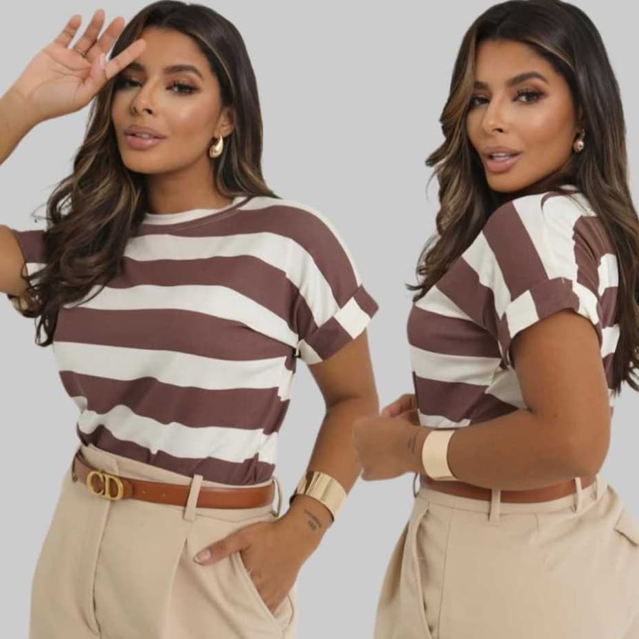 Blusa Femenina Tshirt Listrada com Manga Curta Japonesa Elegante Tendencia 2026 Moda Bloguera e Gringa