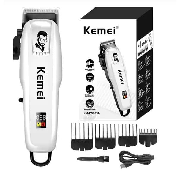 Máquina de Cortar Cabelo Kemei KM-809A - Cortador de Cabelo Branco Sem Fio com Alta Performance e Conforto