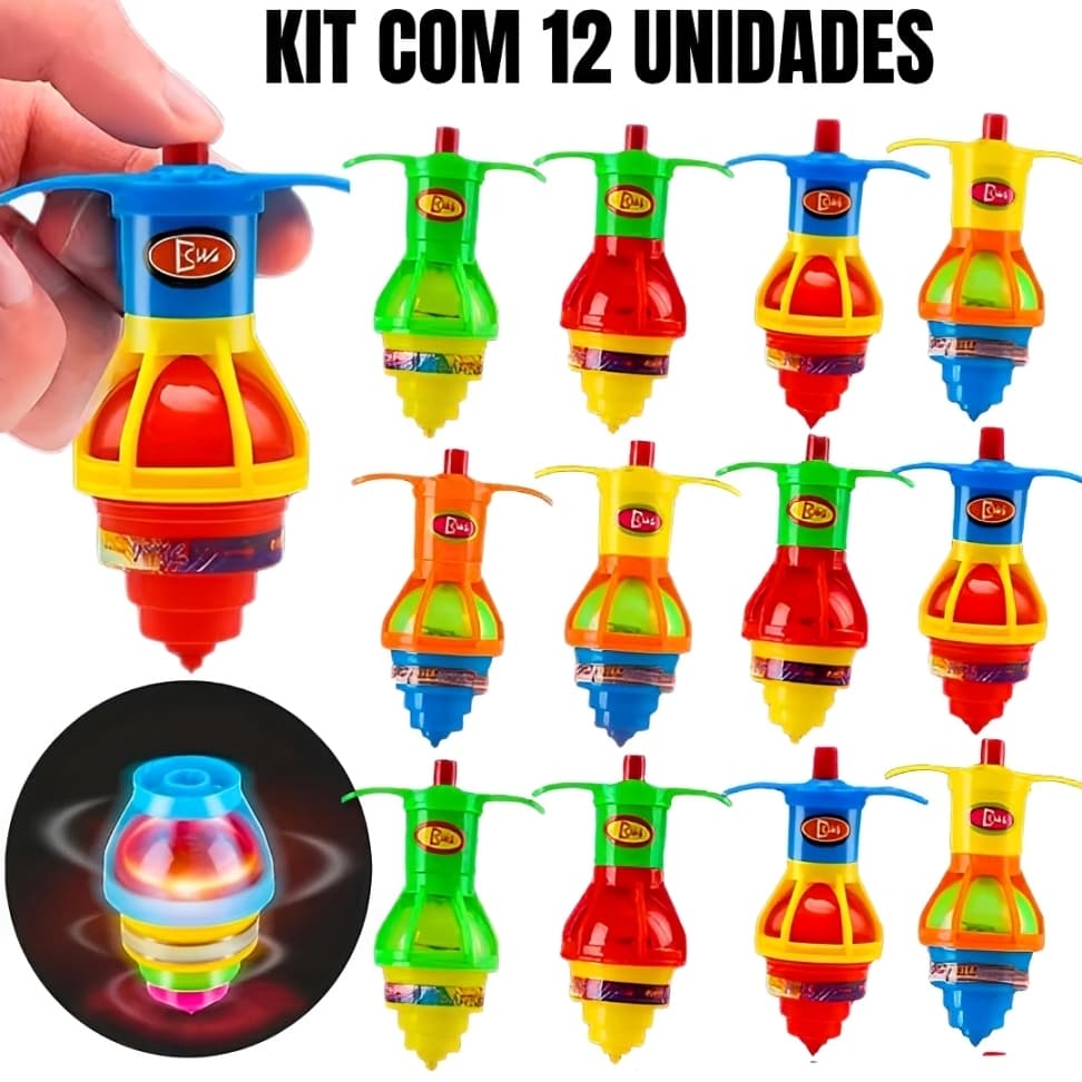 Kit 5/10/12 Pião Luminoso Brinquedo Giratório Crianças Lembrancinhas Divertidas p Festa e Aniversário