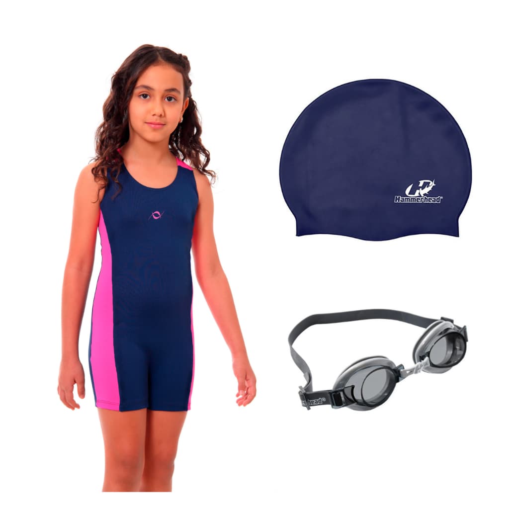 Kit Maiô Macaquinho Natação Infantil Touca Silicone Grande + Óculos Uv