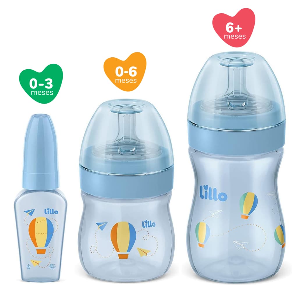 Kit de Mamadeiras com Chuquinha Menino Antivazamento Bico Redondo Primeiros Passos 50/150/240ml Azul