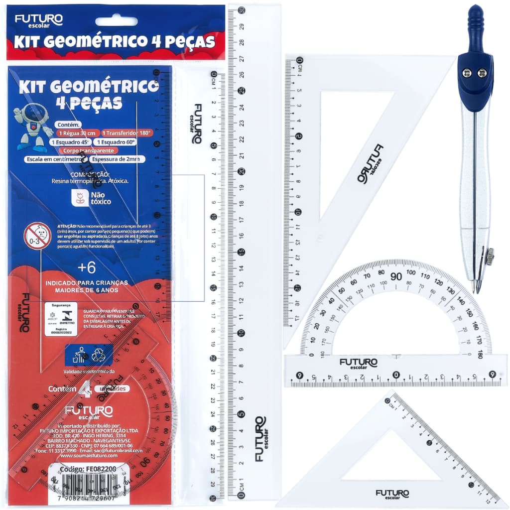 Kit 5 Peças Geométrico Escolar Transferidor Esquadro Compasso Matemática Geometria Desenho Projetos