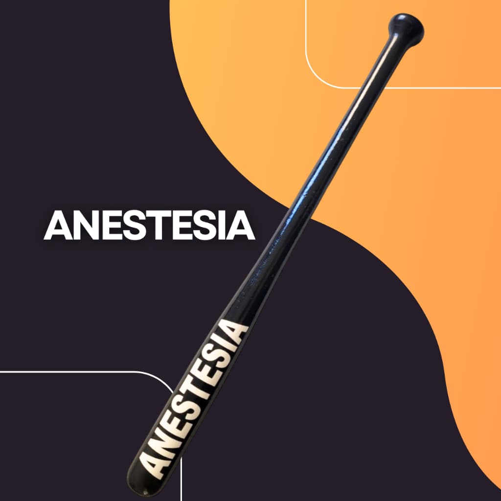 Taco de Beisebol Anestesia Preto – Madeira Angico Premium, Visual Impactante e Adesivo Branco de Alta Qualidade