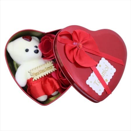 Caixa Coração de metal Com Ursinho e Rosas presente namorada esposa amiga mãe