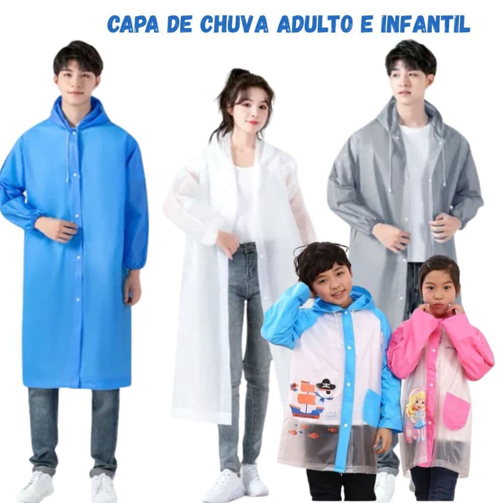 Capa de Chuva Infantil com Capuz Transparente Reforçada Criança e Adulto Menino e Menina