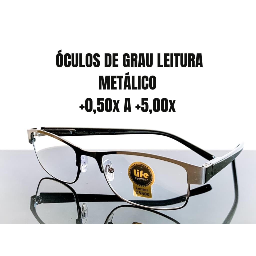 Óculos de Leitura Metálico Retangular Cinza com Lente de Grau +0.50 até +5.00 Óculos Pronto para Vista Cansada Leitura