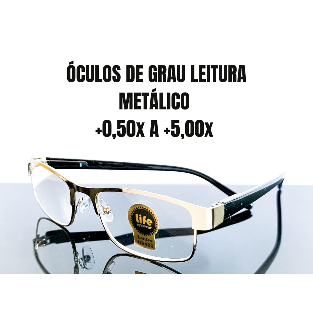 Óculos de Leitura Metálico Retangular Prata com Lente de Grau +0.50 até +5.00 Óculos Pronto para Vista Cansada Leitura
