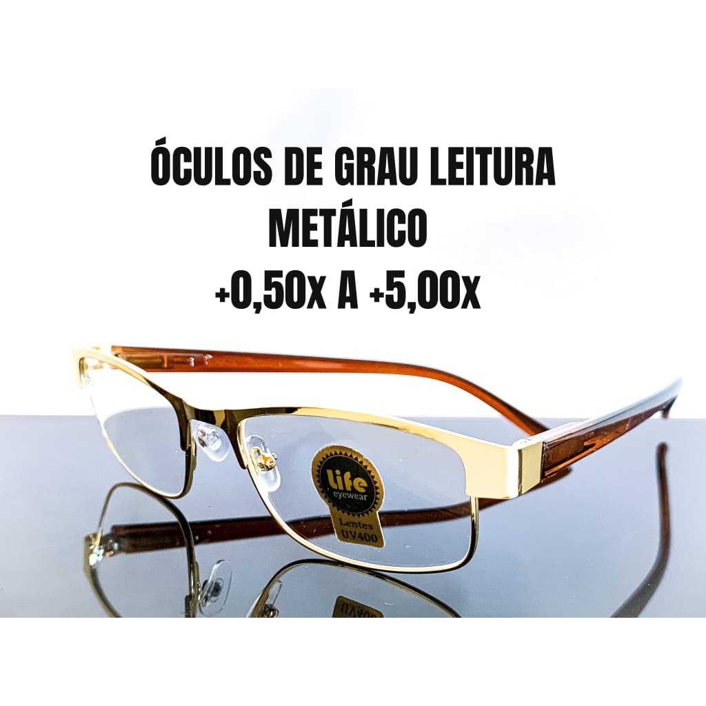 Óculos de Leitura Metálico Retangular Dourado com Lente de Grau +0.50 até +5.00 Óculos Pronto para Vista Cansada Leitura