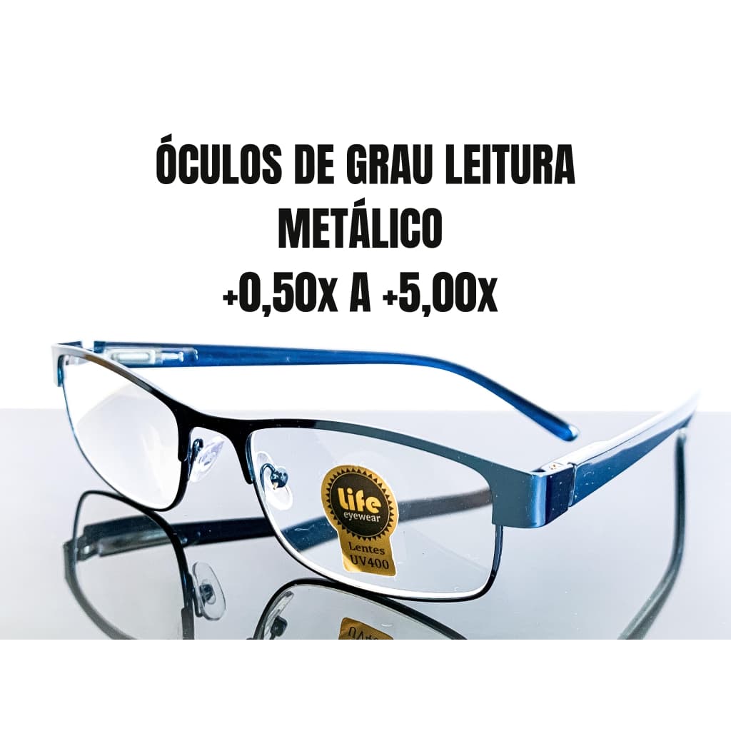 Óculos de Leitura Metálico Retangular Azul com Lente de Grau +0.50 até +5.00 Óculos Pronto para Vista Cansada Leitura