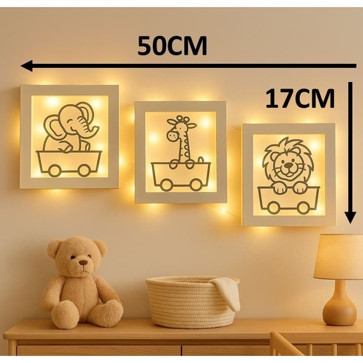 KIT COM 3  Luminárias Safari Baby MDF 50x17 de parede – Luz Suave e Design Divertido!