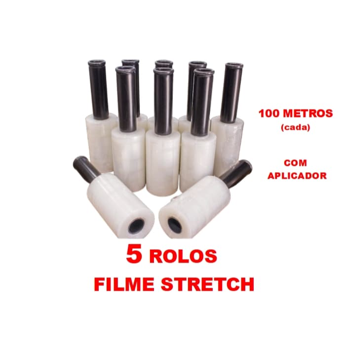 5 Rolos Filme Stretch C/ Cabo Adaptador (10cm) 100 Metros