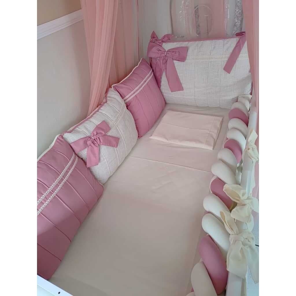 Kit Berço Americano 8 Peças Linho Algodão 200 Fios Com Trança Rosê Nude