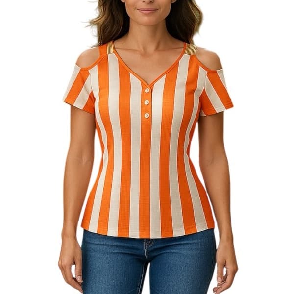 Blusa Feminina Sofisticada Listrada Manga Curta Tamanho Grande Ciganinha Ombro Vazado Fivela Alcinha