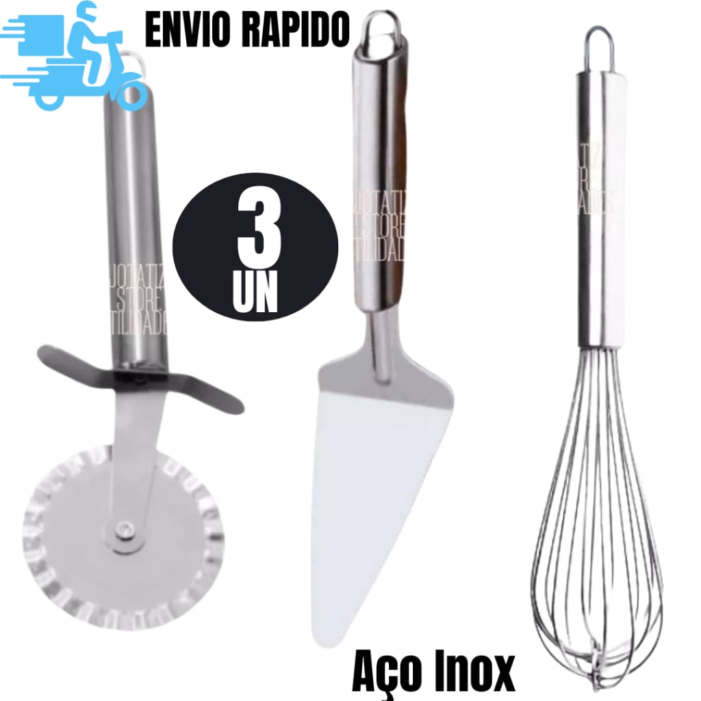 Conj 3 Peças Batedor De Ovos + Carretilha Cortador De Massa+ Espátula Reta Aço Inox Para Sobremesa