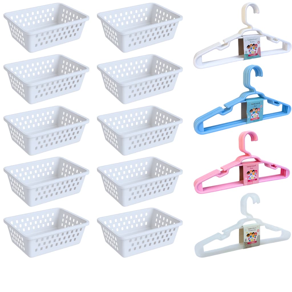 Kit 10 Cesto Organizador e 20 Cabide Infantil Branco Rosa Transparente Azul